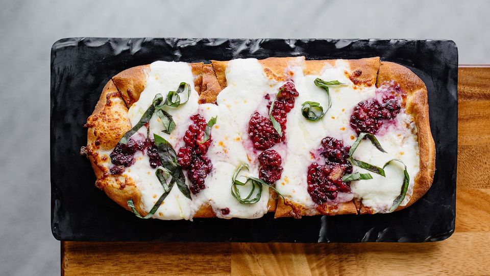 A visualization of the menu item "Blackberry Basil Flatbread"